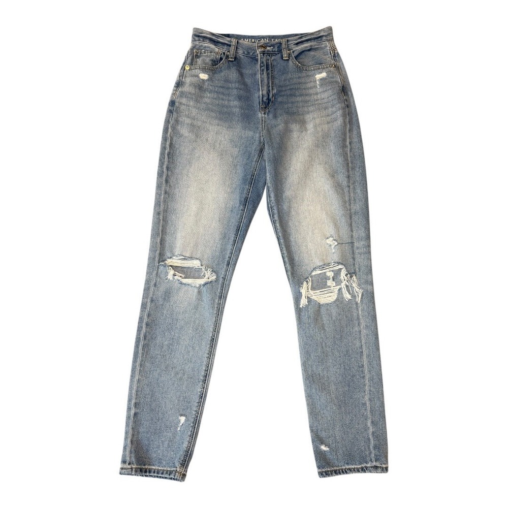 American‎ Eagle Mom Jeans Size 2 Long Ripped Distressed Light Wash Denim